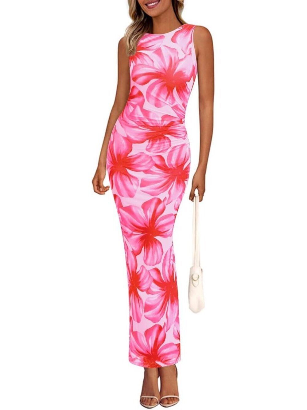 Women Pink Big Floral Polyester Elastane Mesh Sleeveless Bodycon Long Maxi Dress